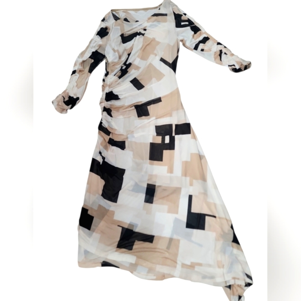 Calvin Klein Abstract Long Sleeve Dress - Cream, Black, Tan. 12